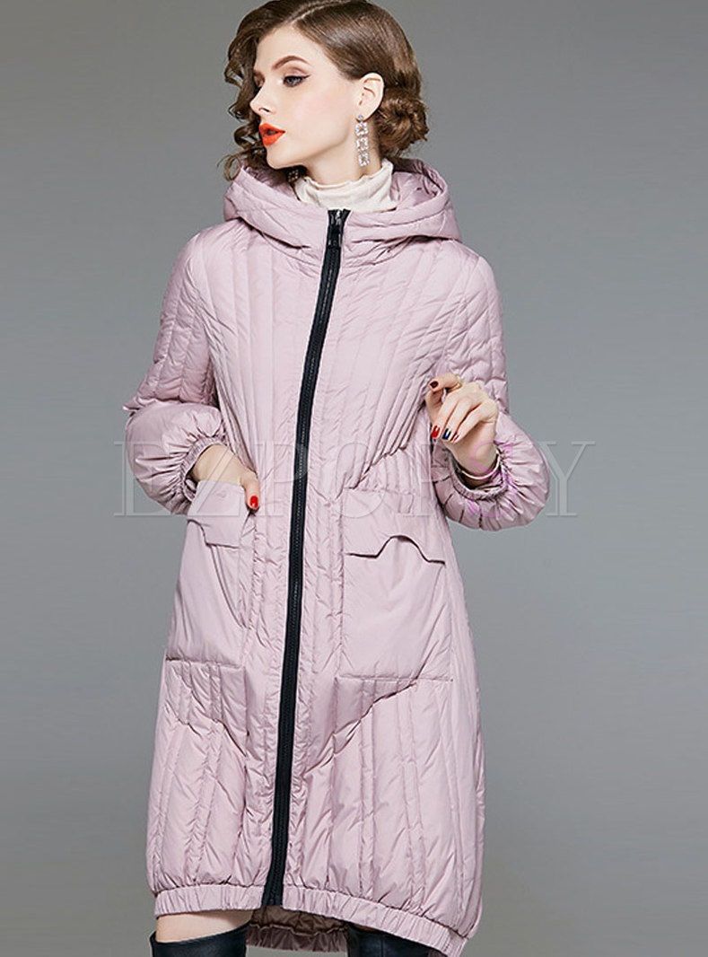 Trendy Pink Hooded Zippered Down Coat With Pockets
