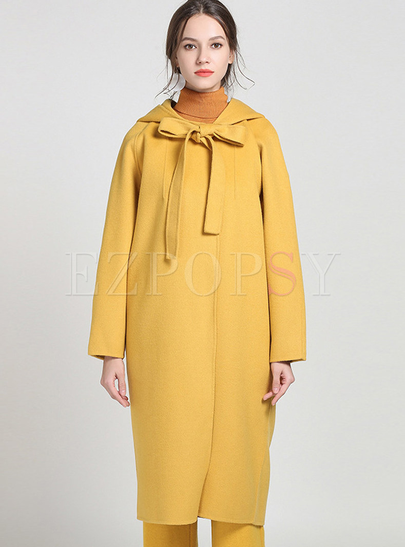 Pure Color Hooded Long Sleeve Woolen Coat
