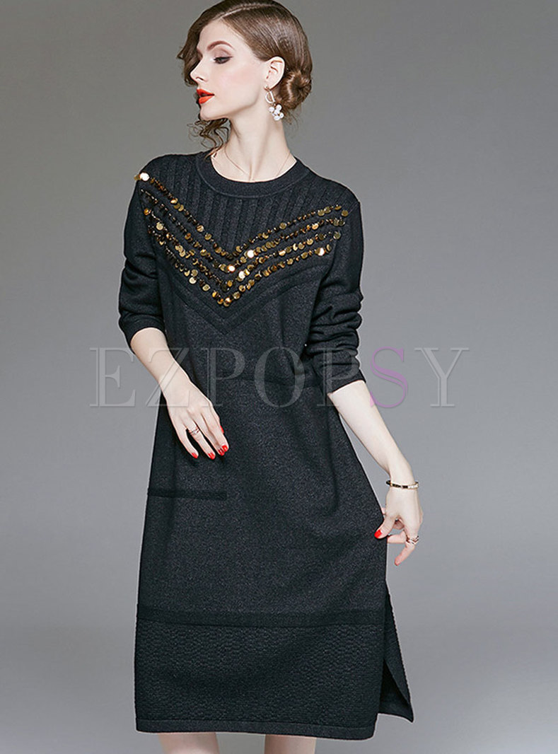 Autumn Black Knitted Self-tie Bottoming Dress