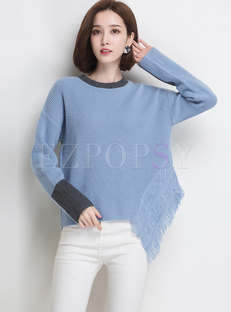 Casual Loose Pullover Asymmetric Tassel Sweater