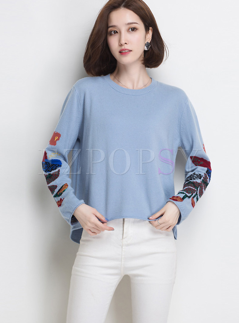 Irregular Loose Pullover Long Sleeve Print Sweater