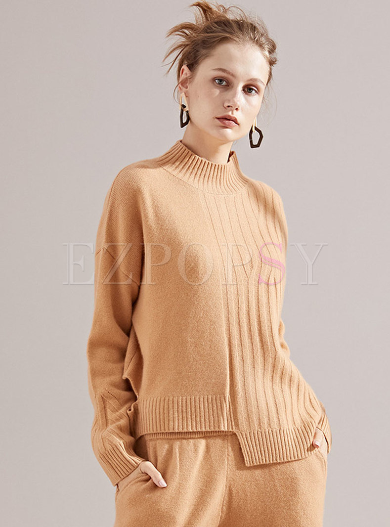 Chic High Neck Hollow Out Asymmetric Hem Loose Sweater