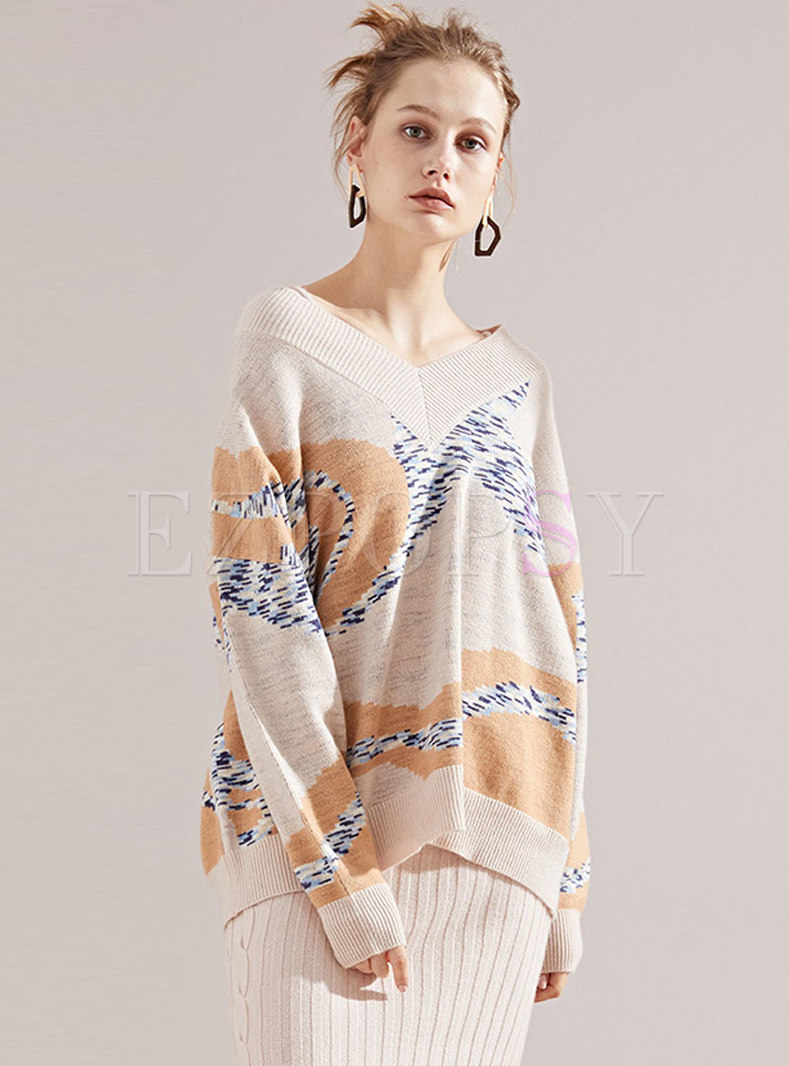 Fashionable Color-blocked V-neck Loose Sweater