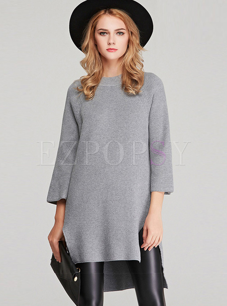 Pure Color Loose Long Sleeve Slit Irregular Sweater