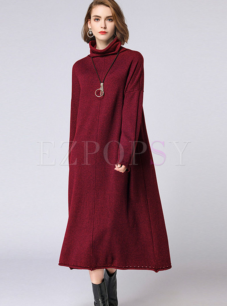 Casual Wine Red Turtle Neck Straight Sweater Dress