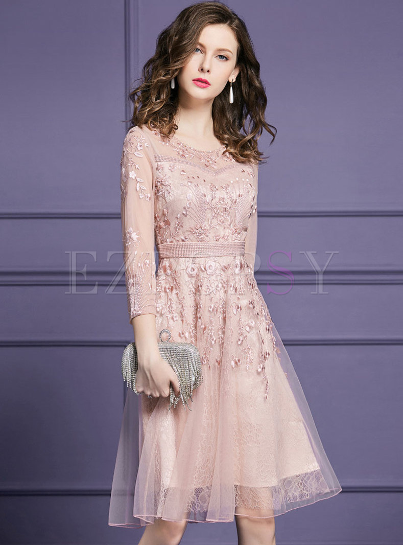 Chic Embroidered Beaded Gathered Waist Lace Dress