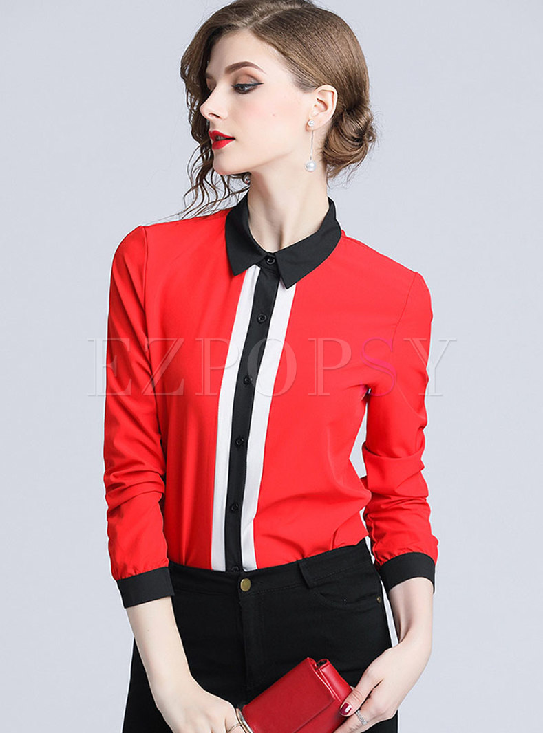 Chic Red Hit Color Single-breasted Slim Blouse