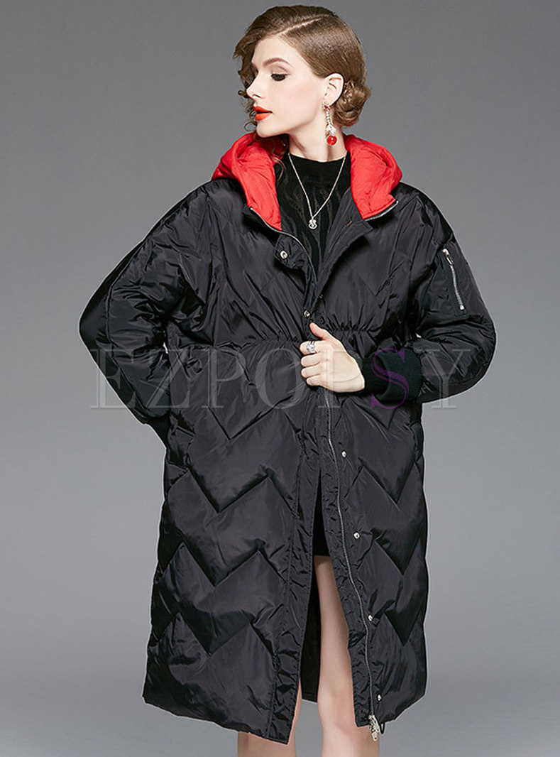 Color-blocked Hooded Zipper Straight Down Coat