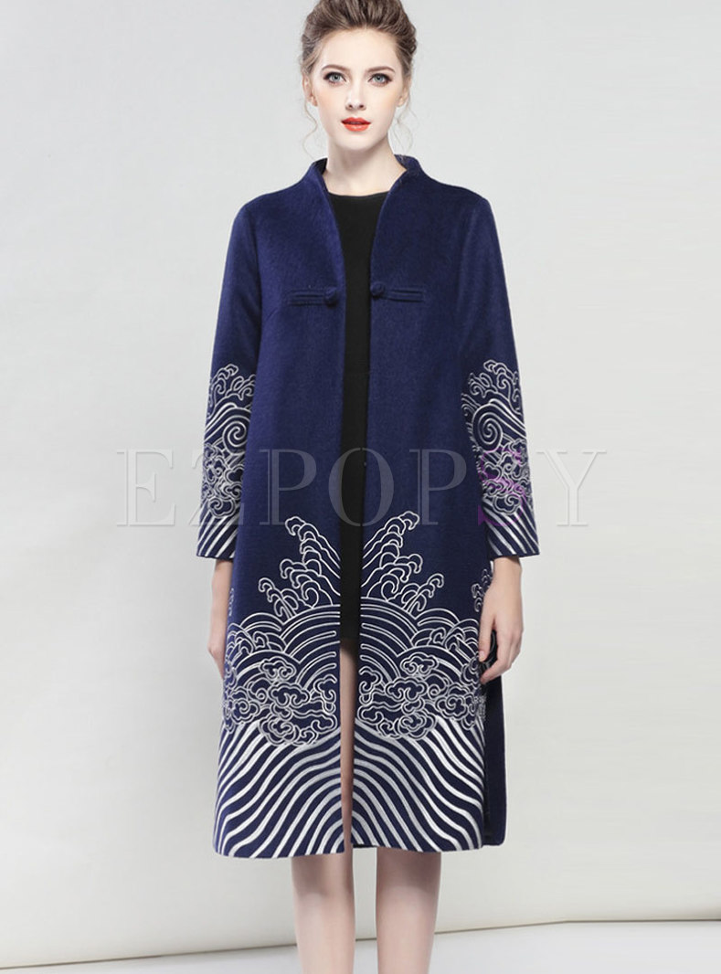 Trendy Blue V-neck Embroidered Straight Coat