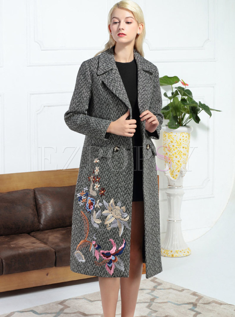 Trendy Long Sleeve Notched Slim Embroidery Blend Coat