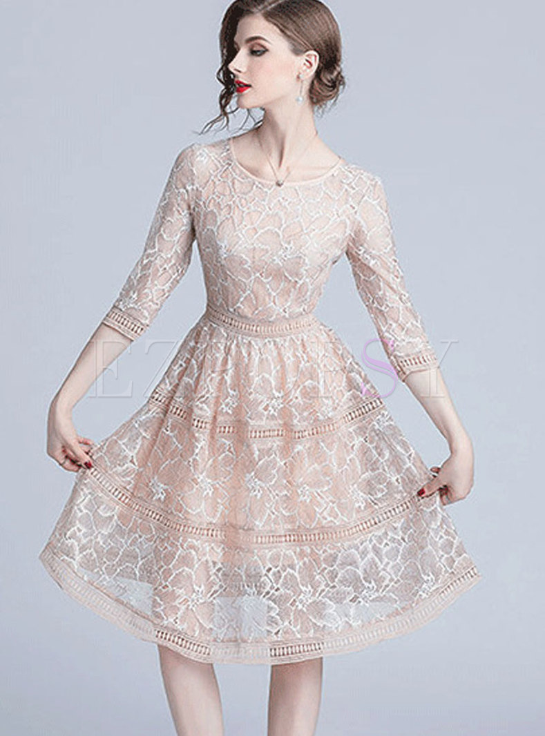 Trendy Apricot Crew-neck Lace-paneled Hollow Out Dress