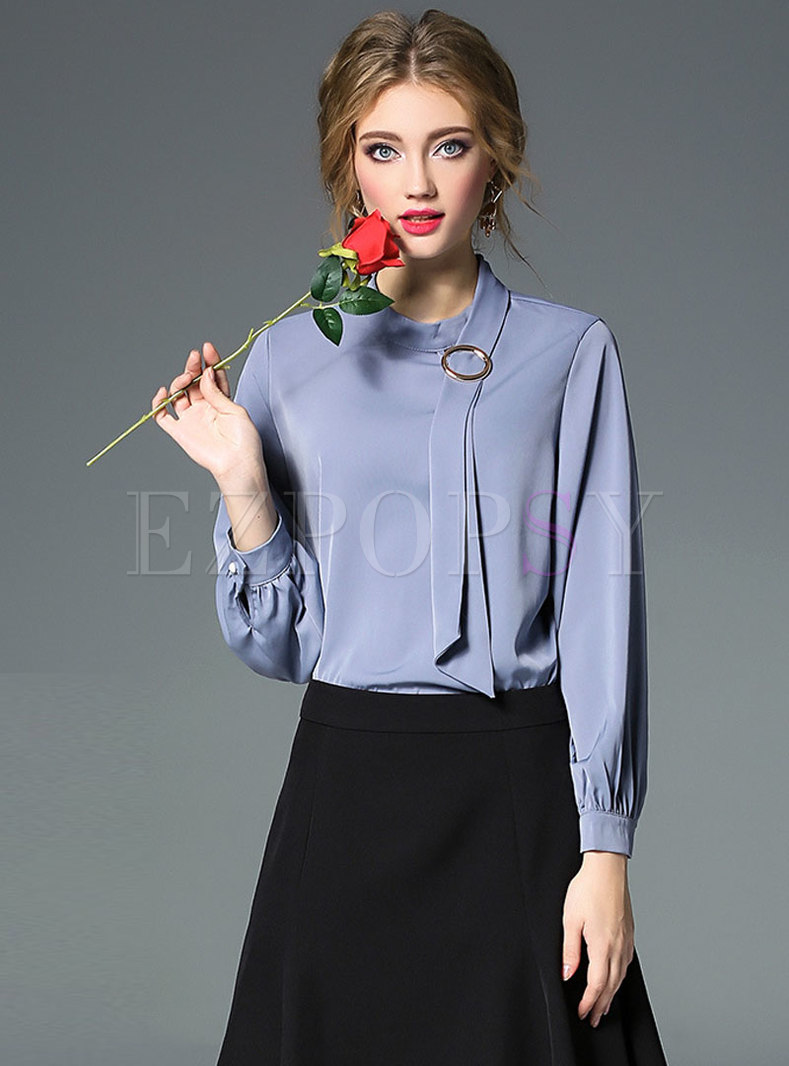 Elegant Pure Color Stand Collar Tie Blouse