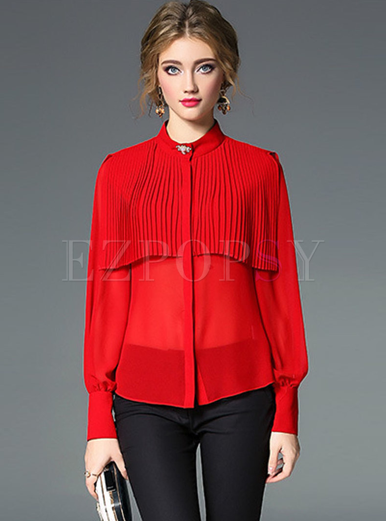 Solid Color Lantern Sleeve Pleated Blouse