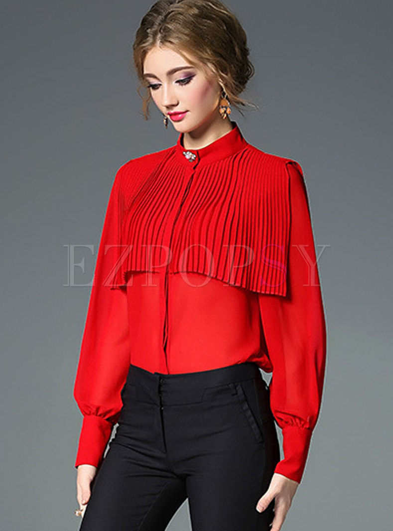 Tops | Blouses | Solid Color Lantern Sleeve Pleated Blouse