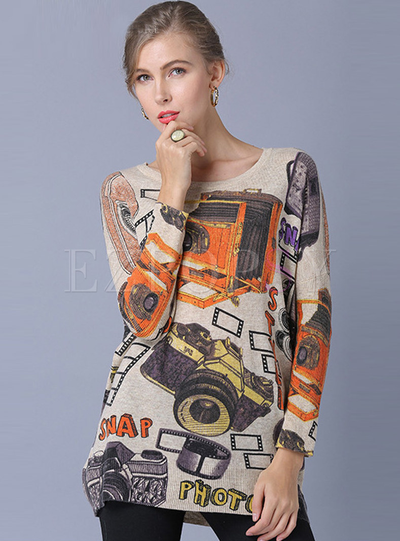 O-neck Long Sleeve Pullover Loose Print Sweater