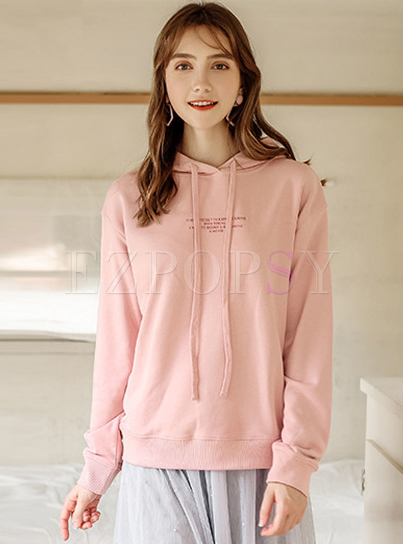 Tops | Hoodies & Sweatshirts | Pink Letter Print Hooded Loose Hoodie