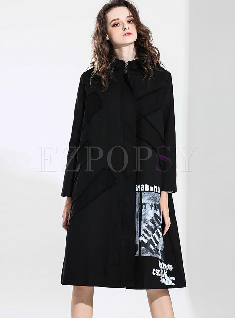 Stylish Print Hooded Splicing Thick Coat