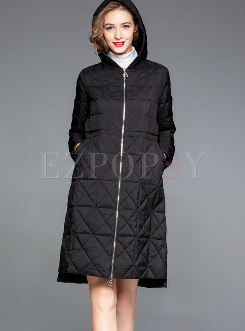 Autumn Black Plus Size Hooded Plaid Down Coat