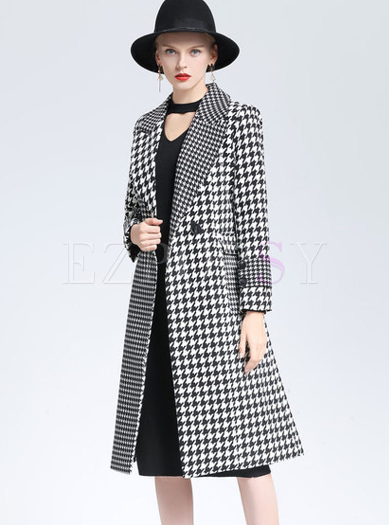Outwear | Jackets/Coats | Fashion Notched Houndstooth Stitching Tied Coat