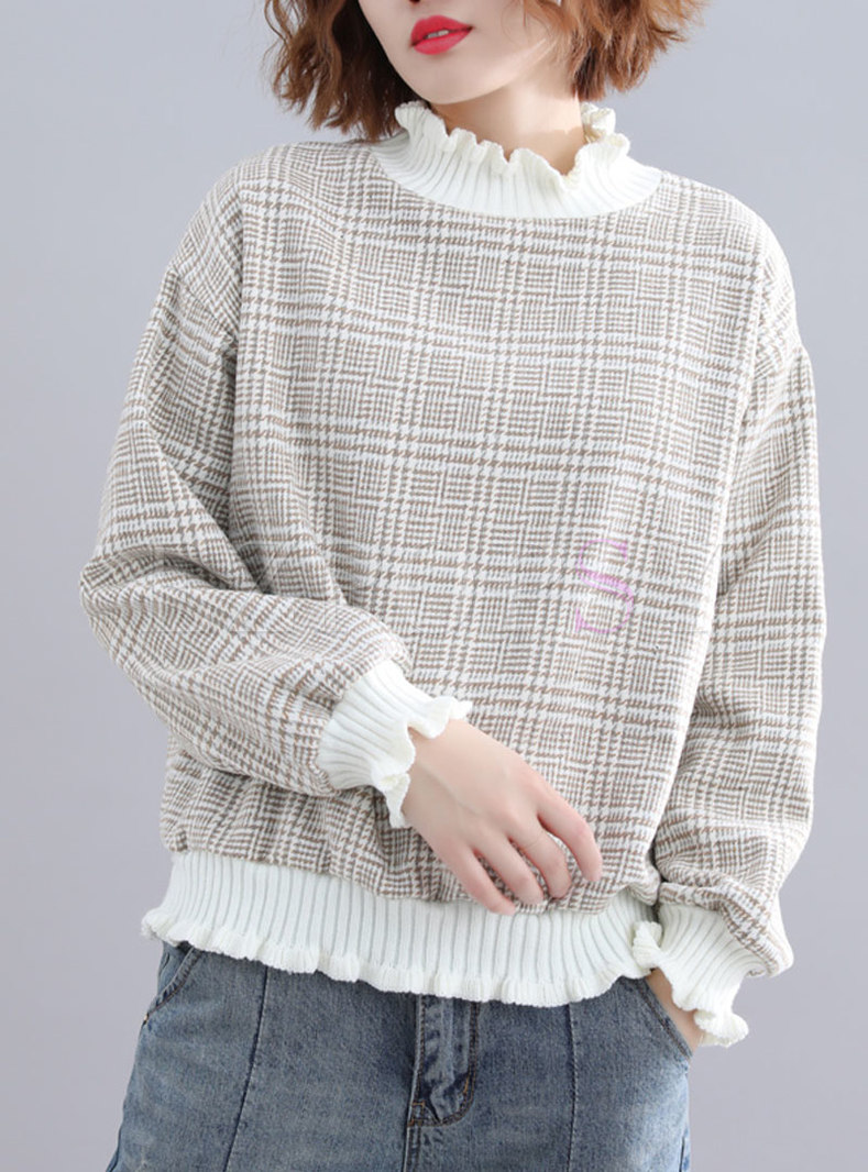 Tops | Sweaters | Chic Grid Ruffled Collar Splicing Sweater