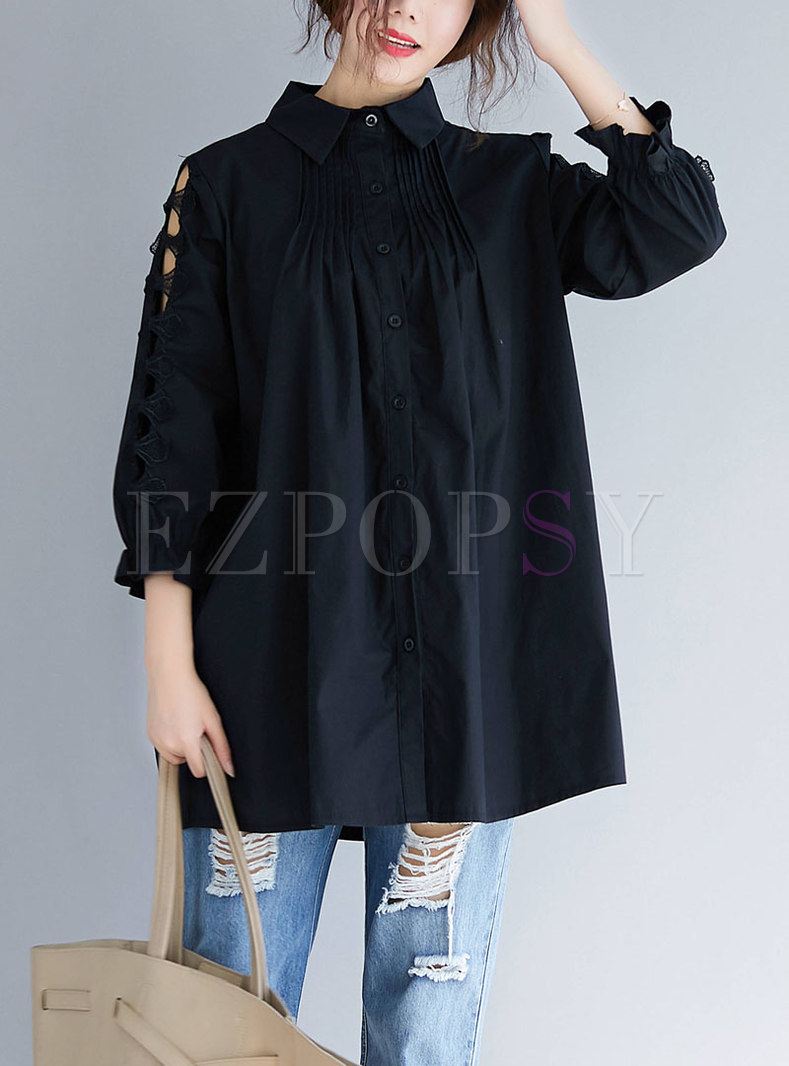 Solid Color Lapel Hollow Out Loose Blouse