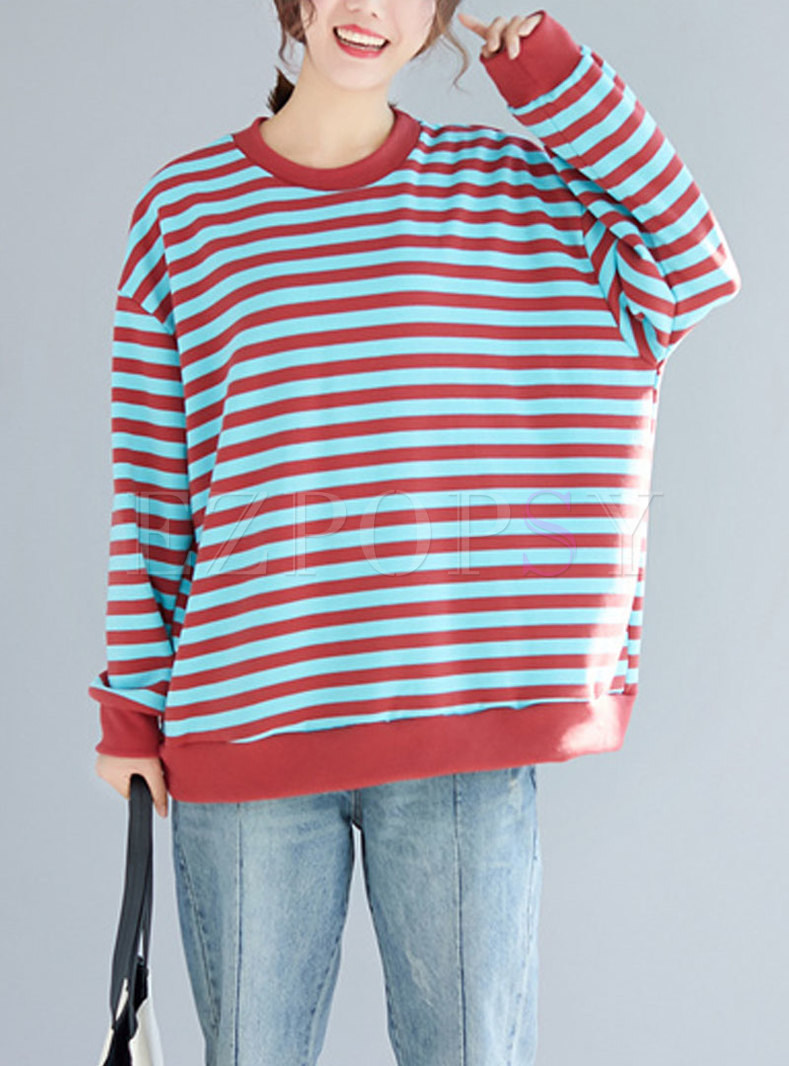 Casual Color-blocked Striped O-neck Thick Sweatshirt