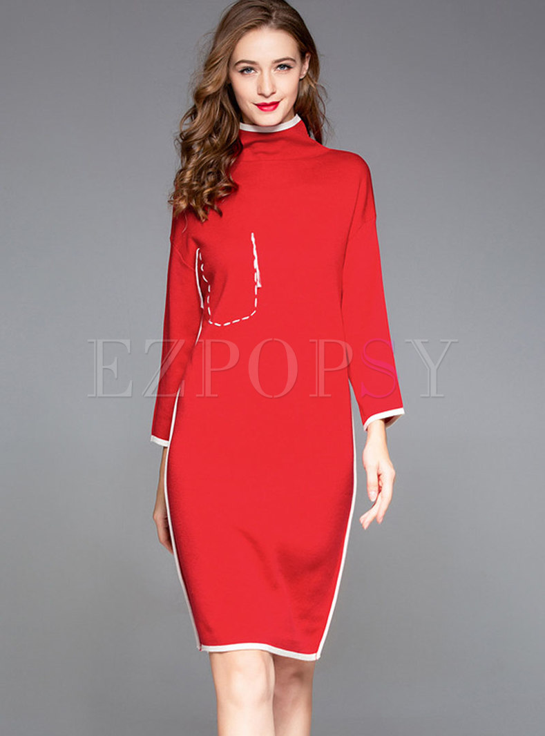 Trendy Red Color-blocked High Neck Sweater Dress