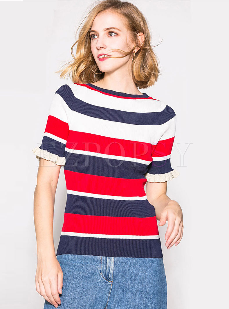 Striped O-neck Ruffled Sleeve Knitted T-Shirt