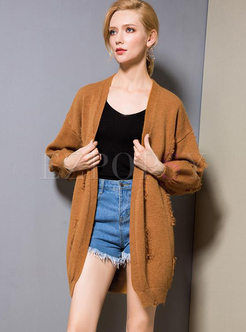 Solid Color Loose Frayed Knitted Sweater