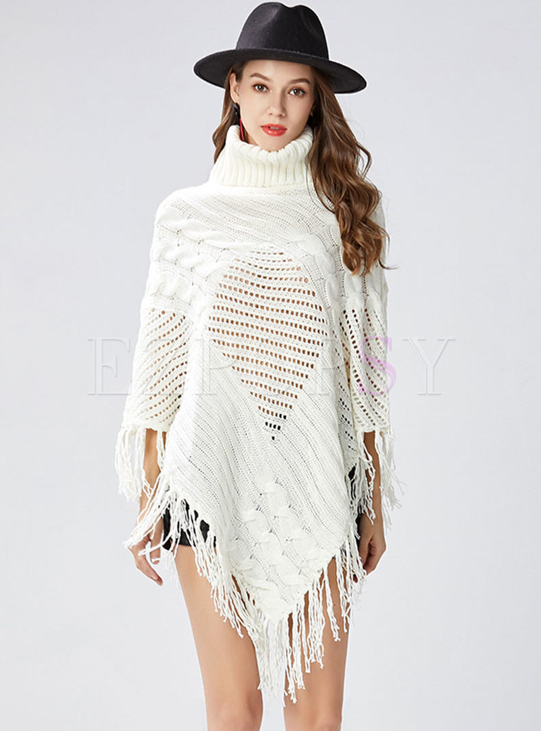  Pure Color Hollow Out High Neck Asymmetric Tassel Knitted Sweater