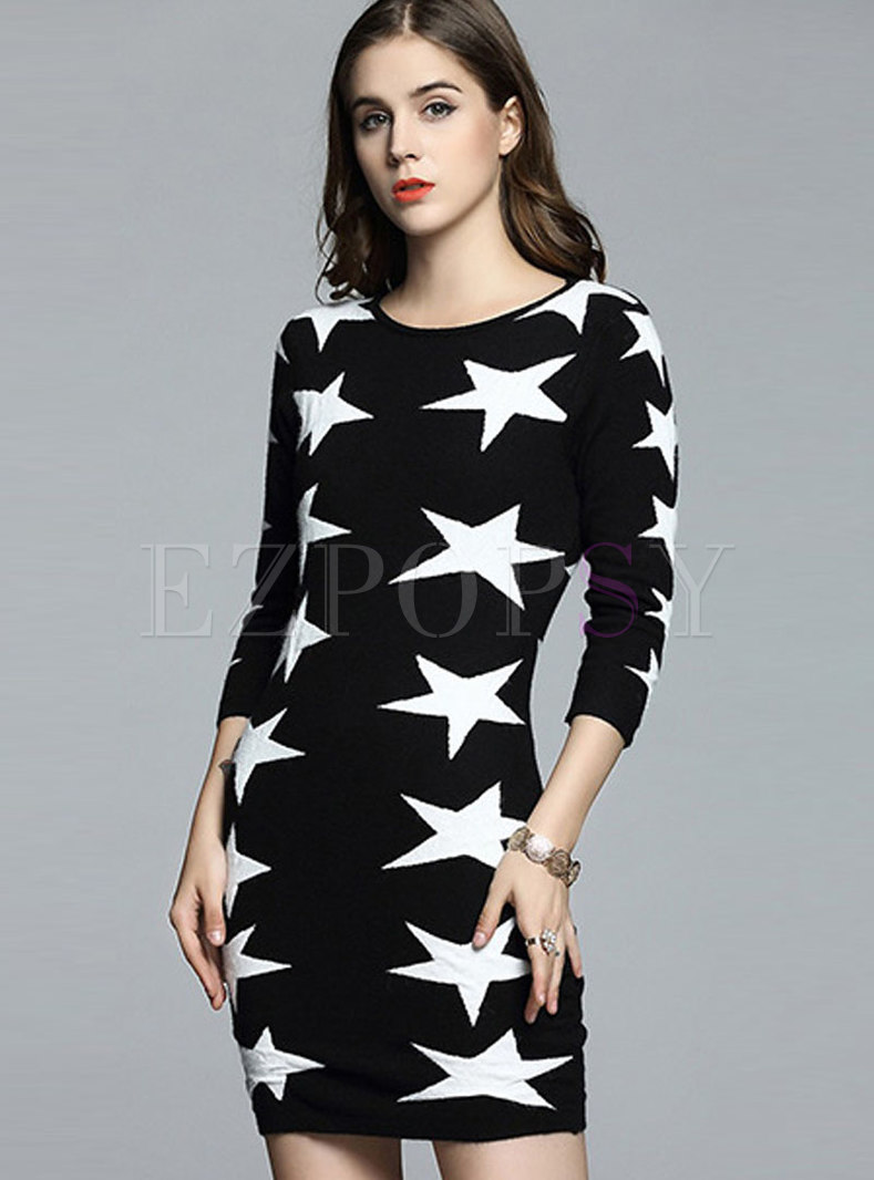 Elegant Star Pattern Embroidered Sheath Sweater Dress