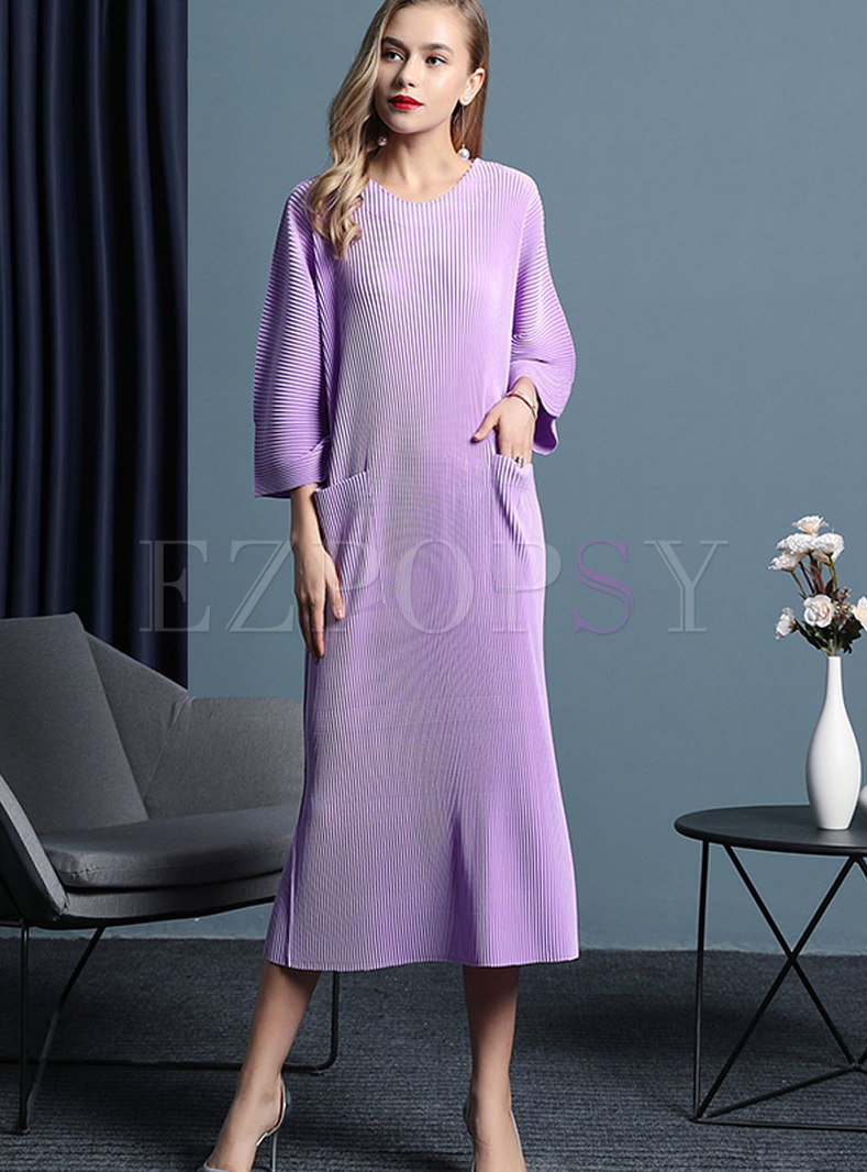 Elegant Purple Crew-neck Loose Plus Size Shirred Dress