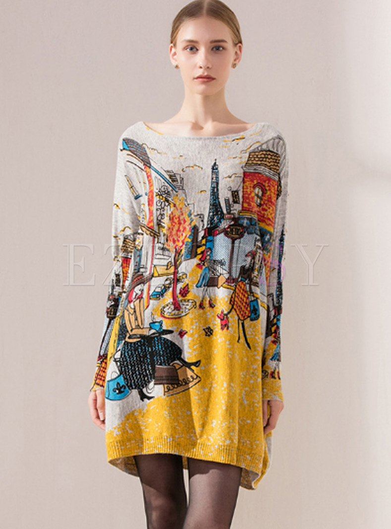 Dresses | Knitted Dresses | Trendy Bat Sleeve Pullover Print Knitted Dress