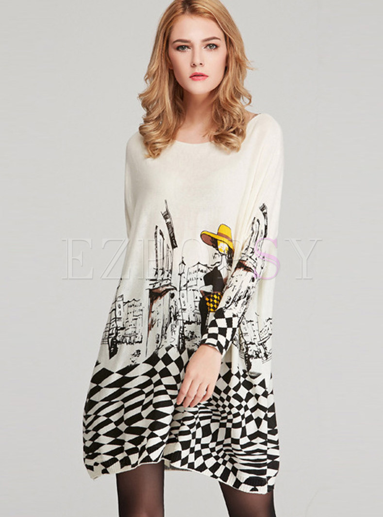Autumn O-neck Long Sleeve Plus Size Knitted Mini Dress