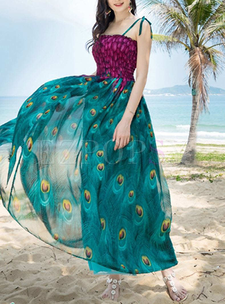 bohemian peacock print maxi dress