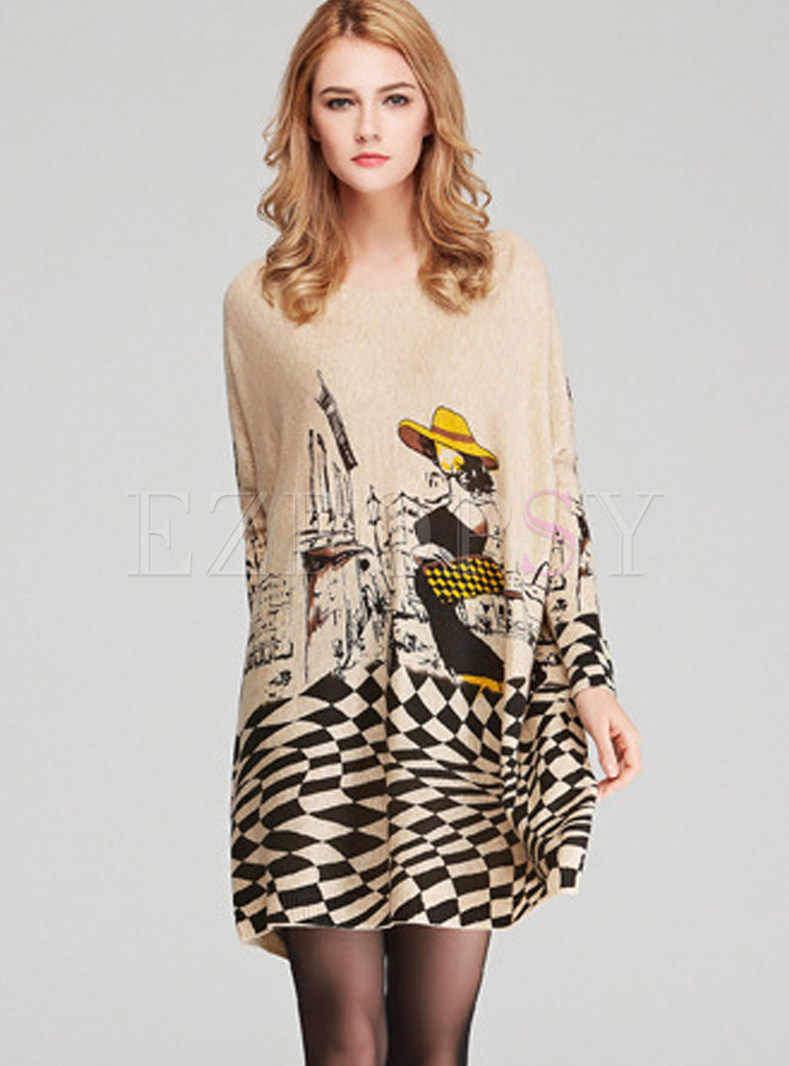 Fashion Loose Plus Size Print Pullover Knitted Dress