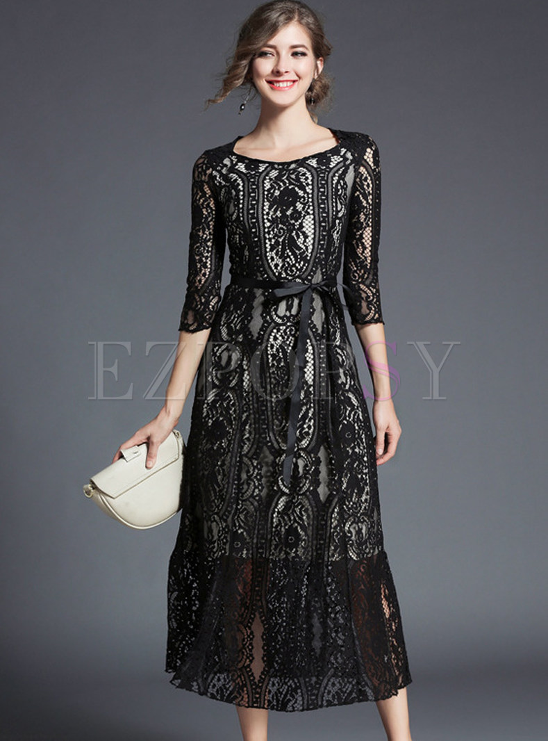 Lace Hollow Out Three Quarters Sleeve Maxi Dress