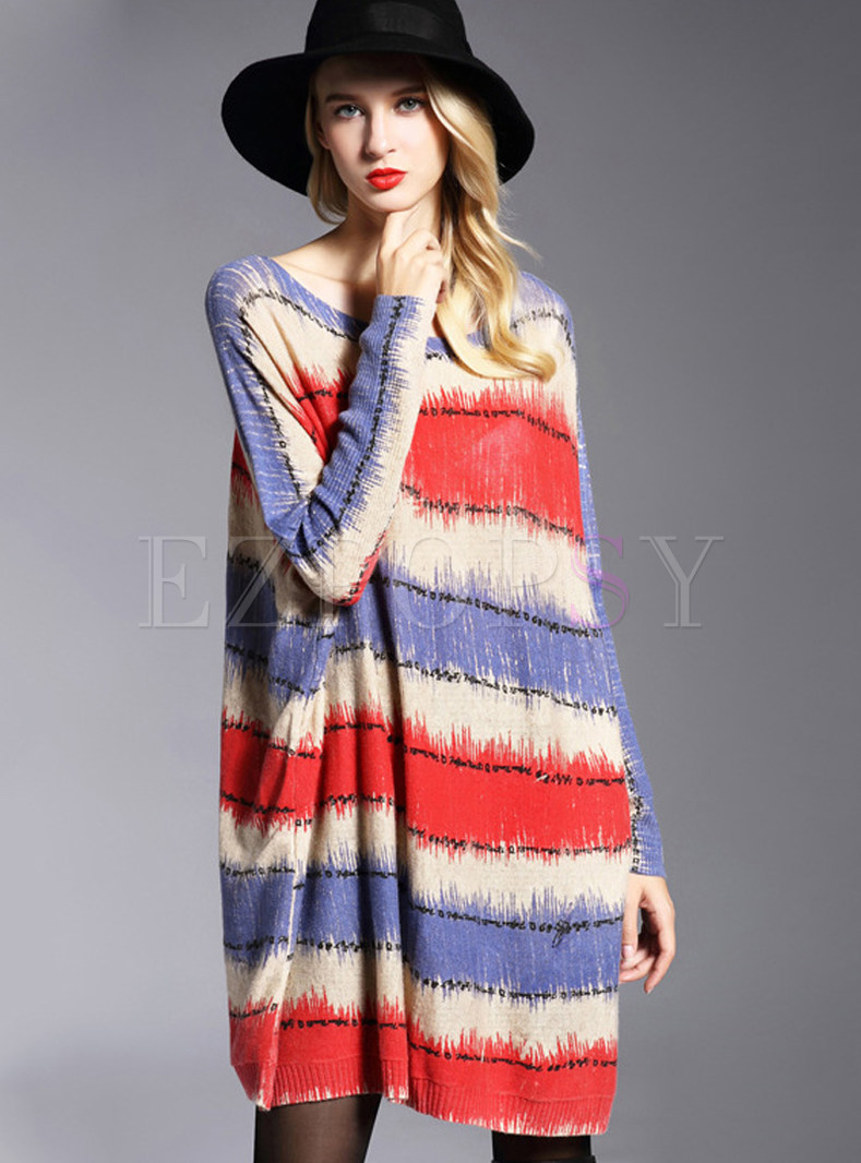 Chic Slash Neck Color-blocked Striped Loose Dress