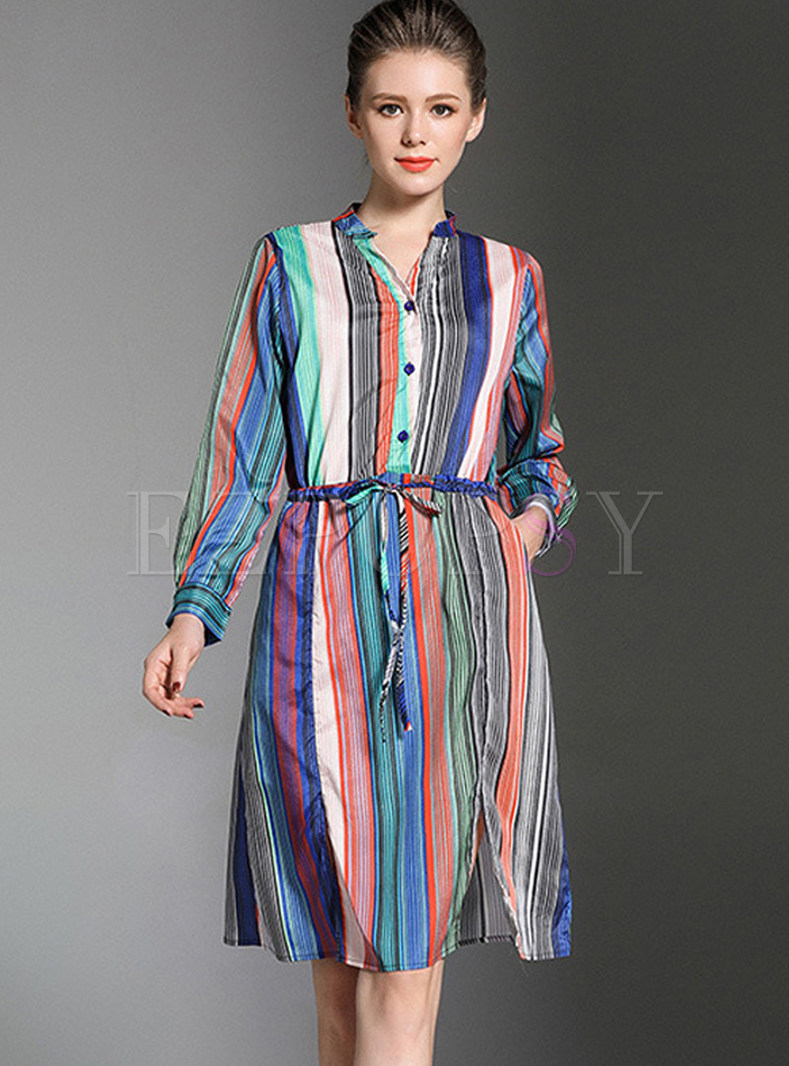 Stylish Multi-color Vertical Striped Skater Dress