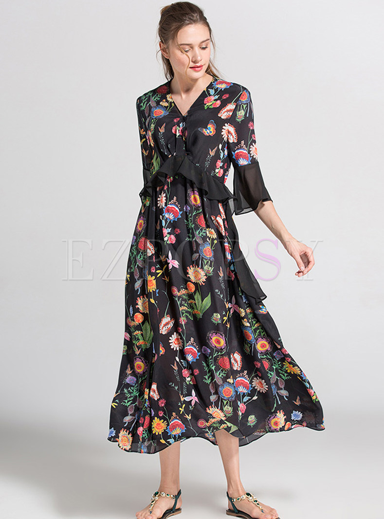 Fashion Flower All Over Print V-neck A Line Dress