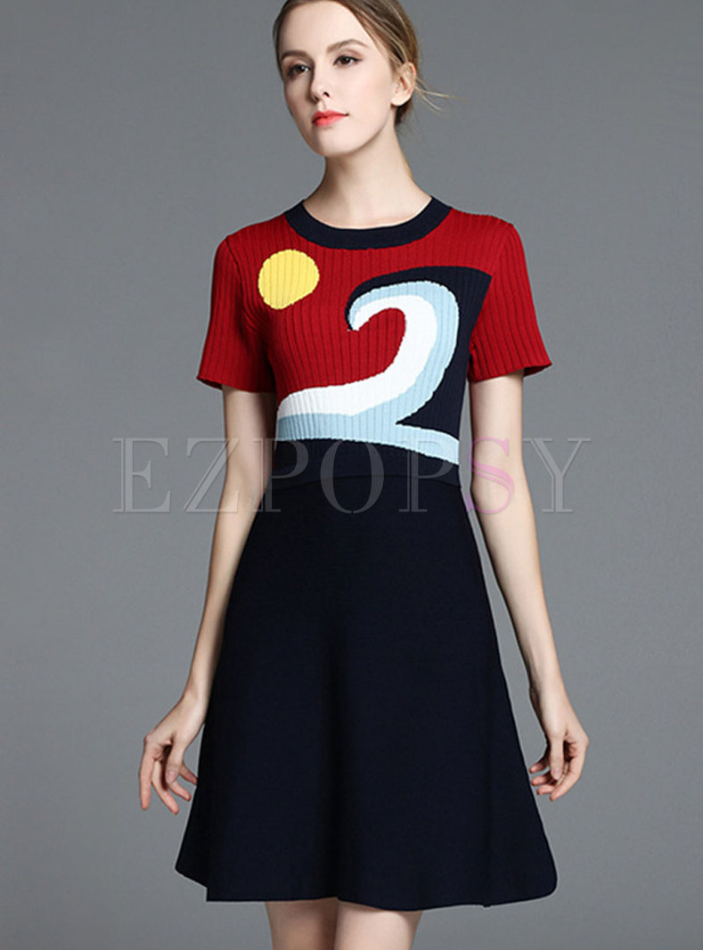 Stylish Red Short Sleeve Geometric Pattern Flare Dress