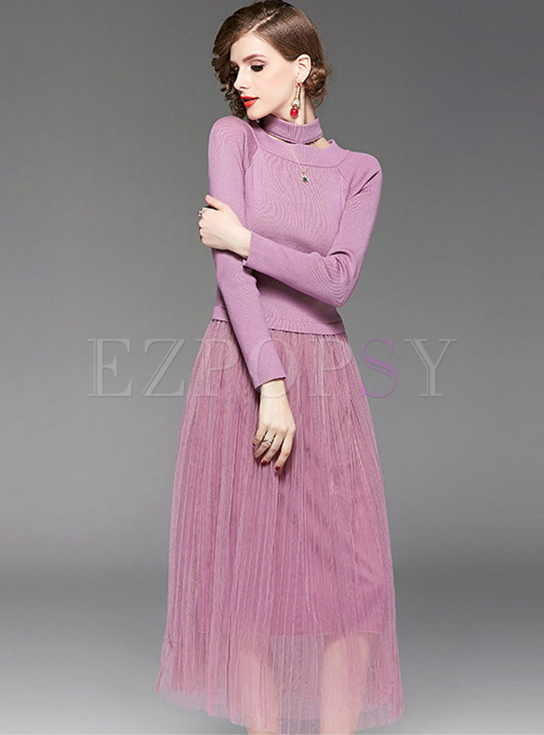 Solid Color Mesh Splicing Hollow Out Pleated Dress