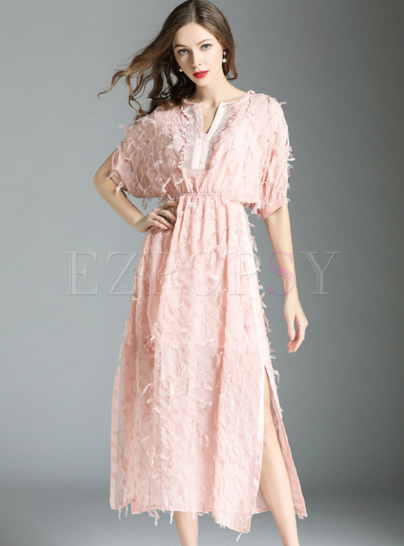 Pink Batwing Sleeve Tassel Chiffon Dress