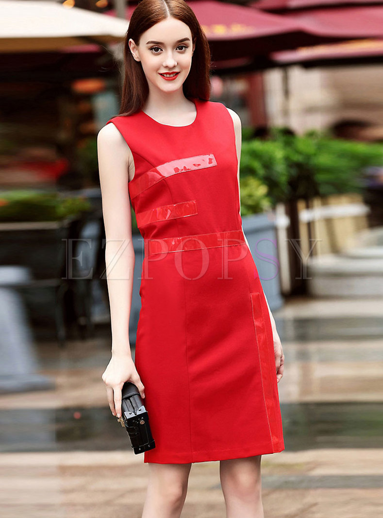 OL Elegant Sleeveless Red Knitted Sheath Dress