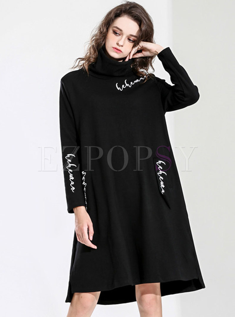 Black Letter Print High Neck Asymmetric Loose Dress