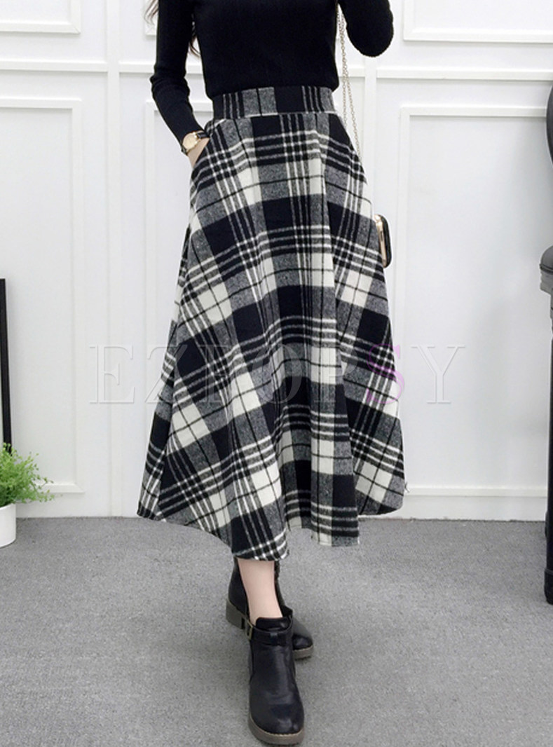 High Waist Plaid Woolen Big Hem A Line Skirt