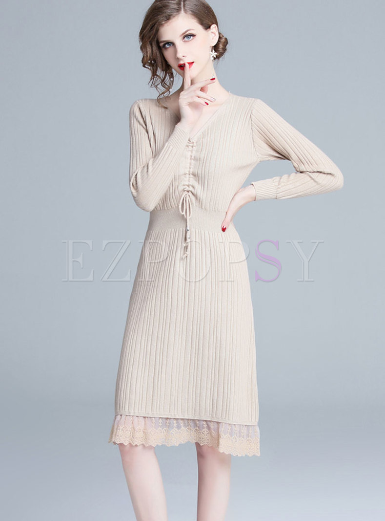 Casual V-neck Drawstring Lace Stitching Knitted Dress