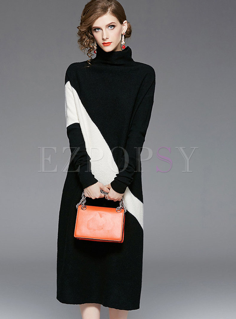 Chic Turtle Neck Color-blocked Wool Knitted Dress