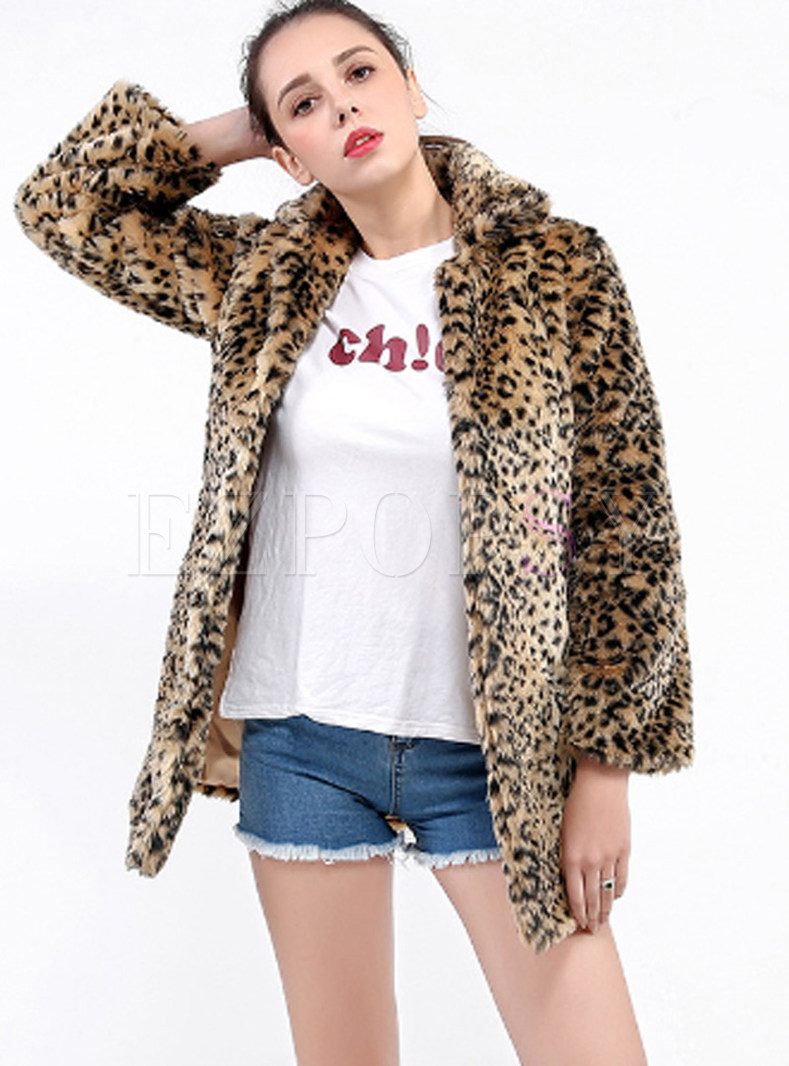 Turn Down Collar Long Sleeve Leopard Coat