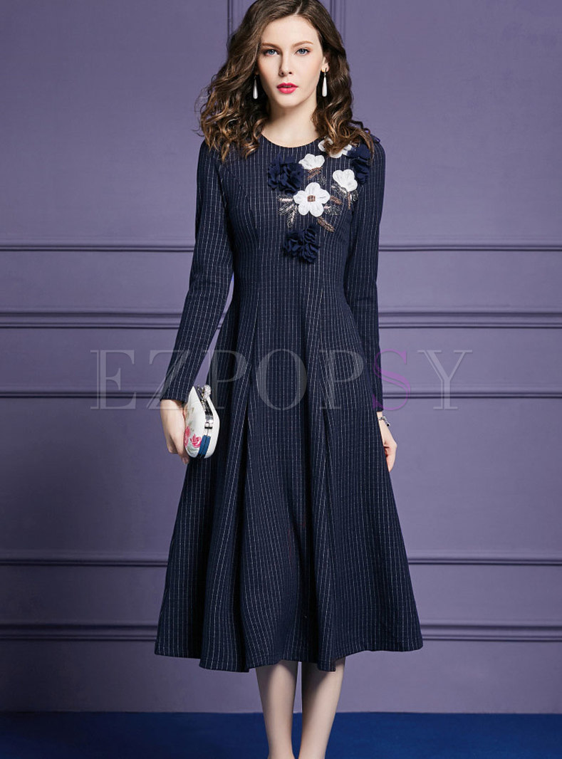Blue Elegant Stereoscopic Flower Beaded Maxi Dress